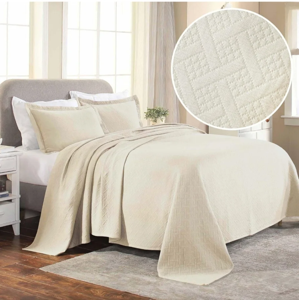 Superior Basketweave Cotton 3 Piece Bedspread Set, Home Decorative Quil Queen